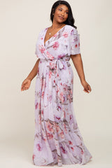 Lavender Floral Chiffon Wrap Front Short Sleeve Plus Maxi Dress