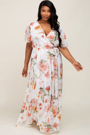 White Floral Chiffon Wrap Front Short Sleeve Plus Maxi Dress