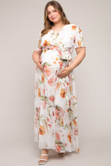 White Floral Chiffon Wrap Front Short Sleeve Maternity Plus Maxi Dress