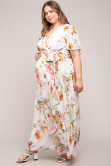 White Floral Chiffon Wrap Front Short Sleeve Maternity Plus Maxi Dress