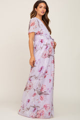 Lavender Floral Chiffon Wrap Front Short Sleeve Maternity Maxi Dress