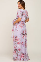 Lavender Floral Chiffon Wrap Front Short Sleeve Maternity Maxi Dress