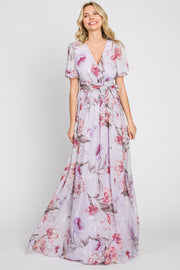 Lavender Floral Chiffon Wrap Front Short Sleeve Maxi Dress