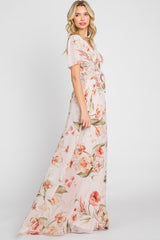 Pink Floral Chiffon Wrap Front Short Sleeve Maxi Dress