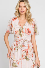 Pink Floral Chiffon Wrap Front Short Sleeve Maxi Dress