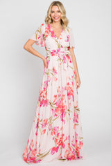 Pink Tulip Floral Chiffon Wrap Front Short Sleeve Maternity Maxi Dress