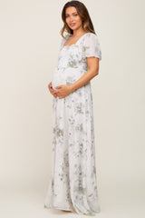 Mint Green Floral Chiffon Square Neck Smocked Maternity Maxi Dress