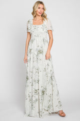 Mint Green Floral Chiffon Square Neck Smocked Maternity Maxi Dress