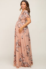 Beige Floral Chiffon Square Neck Smocked Short Sleeve Maternity Maxi Dress