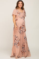 Beige Floral Chiffon Square Neck Smocked Short Sleeve Maternity Maxi Dress