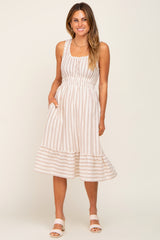 Taupe Striped Sleeveless Ruffle Hem Maternity Midi Dress