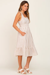 Taupe Striped Sleeveless Ruffle Hem Midi Dress