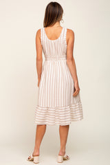 Taupe Striped Sleeveless Ruffle Hem Midi Dress