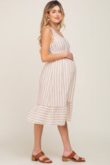 Taupe Striped Sleeveless Ruffle Hem Maternity Midi Dress