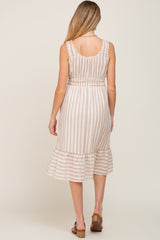 Taupe Striped Sleeveless Ruffle Hem Maternity Midi Dress