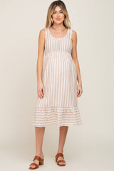 Taupe Striped Sleeveless Ruffle Hem Maternity Midi Dress