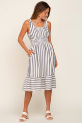 Blue Striped Sleeveless Ruffle Hem Maternity Midi Dress