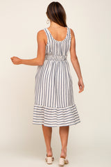 Blue Striped Sleeveless Ruffle Hem Midi Dress