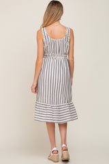 Blue Striped Sleeveless Ruffle Hem Maternity Midi Dress