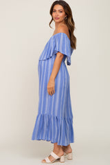 Blue Striped Off Shoulder Maternity Jumpsuit