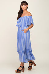 Blue Striped Off Shoulder Maternity Jumpsuit