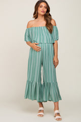 Green Striped Off Shoulder Maternity Jumpsuit