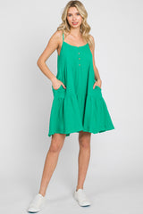 Green Front Button Tiered Dress