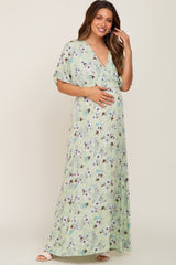 Lime Floral Wrap V-Neck Smocked Waist Maternity Maxi Dress