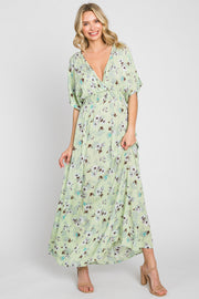 Lime Floral Wrap V-Neck Smocked Waist Maxi Dress