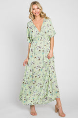 Lime Floral Wrap V-Neck Smocked Waist Maternity Maxi Dress