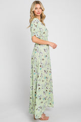 Lime Floral Wrap V-Neck Smocked Waist Maxi Dress