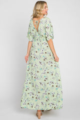 Lime Floral Wrap V-Neck Smocked Waist Maxi Dress