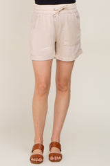 Beige Drawstring Cuffed Maternity Shorts