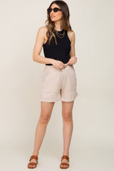 Beige Drawstring Cuffed Maternity Shorts