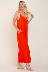 Orange Rib Knit Wide Leg Jumpsuit