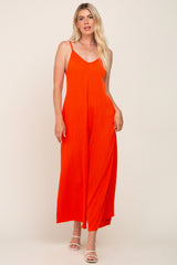 Orange Rib Knit Wide Leg Jumpsuit