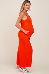 Orange Rib Knit Wide Leg Maternity Jumpsuit