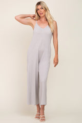 Grey Rib Knit Wide Leg Jumpsuit