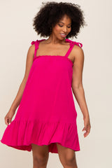 Fuchsia Linen Square Neck Tie Strap Ruffle Hem Dress