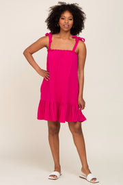 Fuchsia Linen Square Neck Tie Strap Ruffle Hem Dress