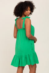 Green Linen Square Neck Tie Strap Ruffle Hem Dress