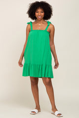 Green Linen Square Neck Tie Strap Ruffle Hem Dress