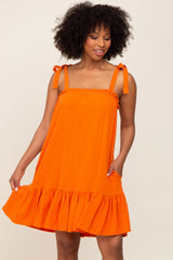 Orange Linen Square Neck Tie Strap Ruffle Hem Maternity Dress