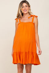 Orange Linen Square Neck Tie Strap Ruffle Hem Maternity Dress