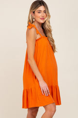 Orange Linen Square Neck Tie Strap Ruffle Hem Maternity Dress