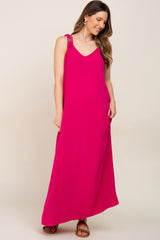 Fuchsia Linen V-Neck Tie Strap Maternity Maxi Dress