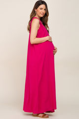 Fuchsia Linen V-Neck Tie Strap Maternity Maxi Dress