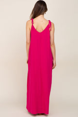 Fuchsia Linen V-Neck Tie Strap Maternity Maxi Dress