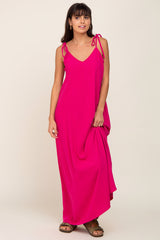 Fuchsia Linen V-Neck Tie Strap Maternity Maxi Dress