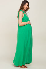 Green Linen V-Neck Tie Strap Maternity Maxi Dress